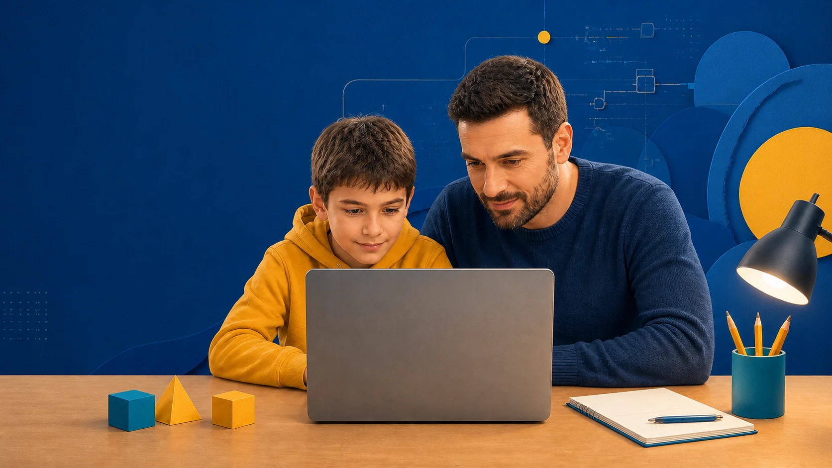 Roditelj i dijete zajedno istražuju programiranje na laptopu